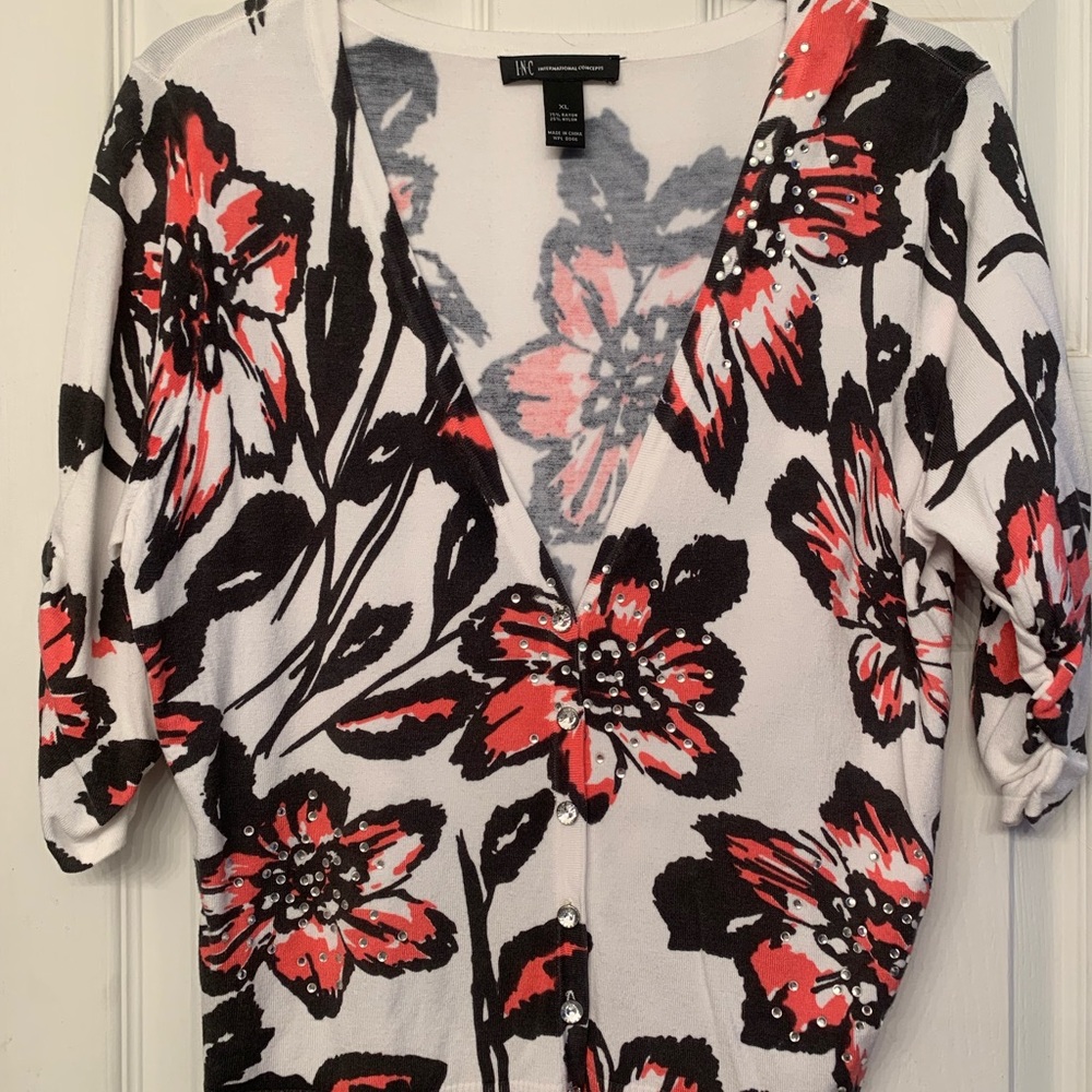 INC Flowered Ruched sleeve cardigan